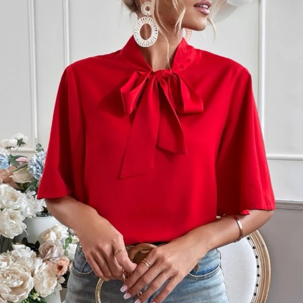Red tie neck flounce sleeve blouse - Picture 6 of 6